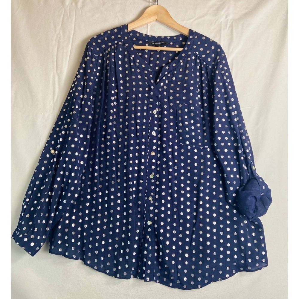 Zac & Rachel Woman Navy Silver Metallic Polka Dot Blouse 3X Button Front Plus